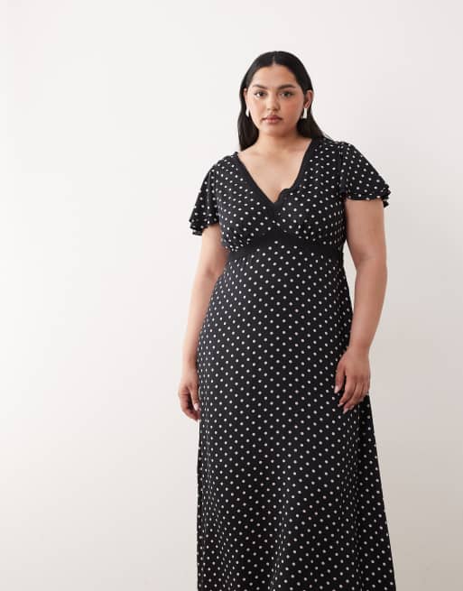 Nobody's Child Plus v-neck lace trim open back midi dress in black polka dot, 2 of 4