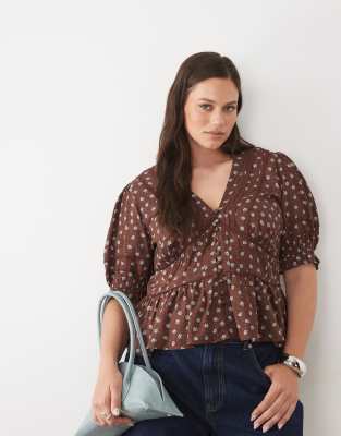 Nobody's Child Plus V-neck Puff Sleeve Button Front Blouse In Brown