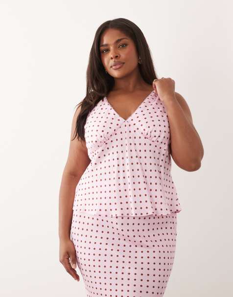 Nobody's Child Plus v-neck sleeveless top co-ord in pink polka dot - view 1