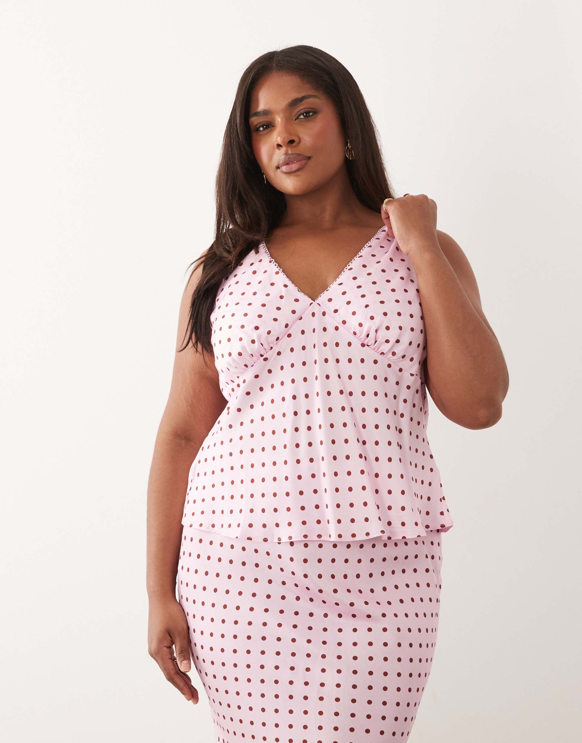 nobody's child plus v-neck sleeveless top in pink polka dot - part of a set