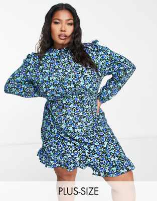 Vanessa frill neck mini dress in blue and green floral-Multi