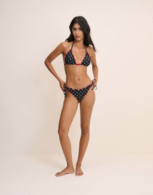 Nobody's Child Polka dot frill edge tie side bikini bottom in black, 6 of 6