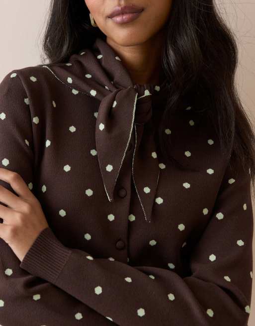 Nobody's Child Polka dot jacquard cardigan with neck tie in multi, 3 of 5