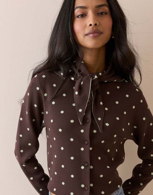 Nobody's Child Polka dot jacquard cardigan with neck tie in multi, 5 of 5