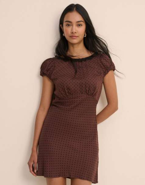 Nobody's Child Polka dot puff sleeve marianna midi dress in brown - view 1