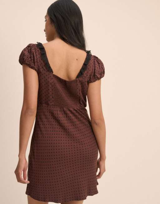 Nobody's Child Polka dot puff sleeve marianna midi dress in brown, 2 of 5