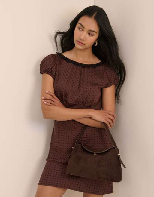 Nobody's Child Polka dot puff sleeve marianna midi dress in brown, 4 of 5