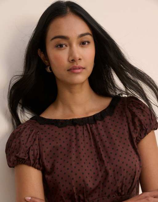 Nobody's Child Polka dot puff sleeve marianna midi dress in brown, 5 of 5