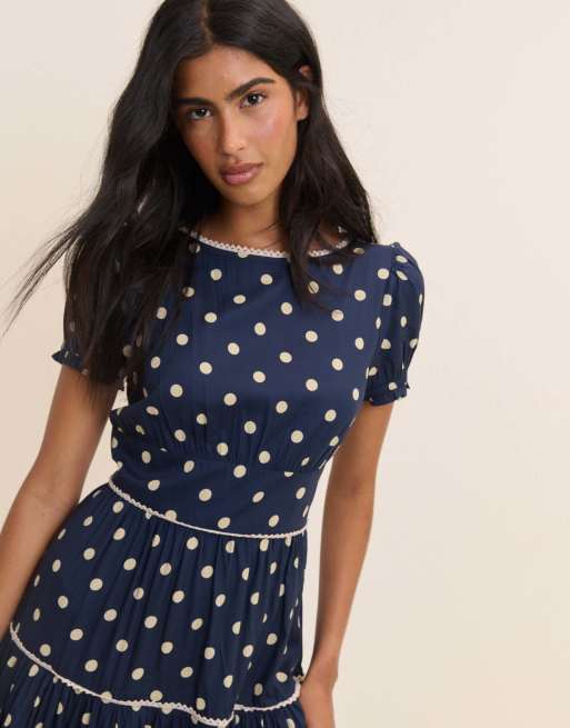Nobody's Child Polka dot tiered dara midi dress in blue, 2 of 5