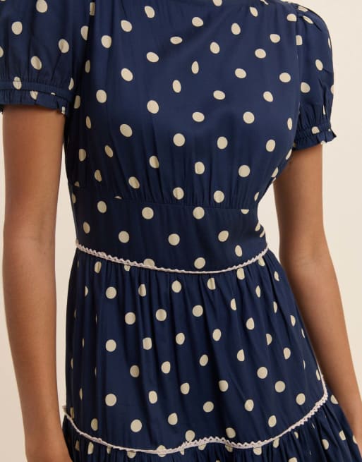 Nobody's Child Polka dot tiered dara midi dress in blue, 4 of 5