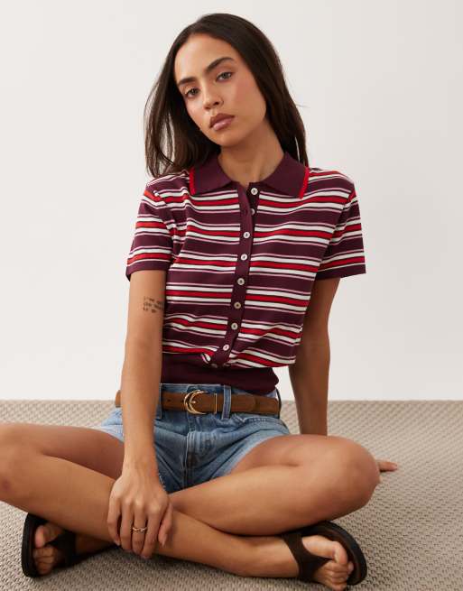 Nobody's Child - Polo en maille fine à rayures et taille cintrée - Bordeaux, 2 de 4
