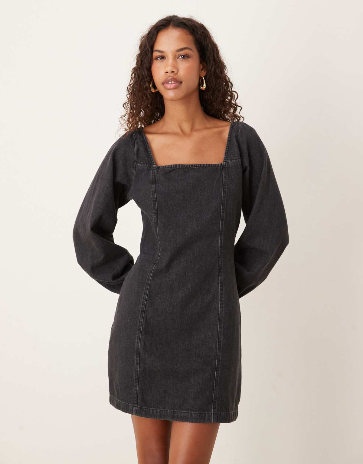 Nobody's Child Porth square neck denim mini dress in black