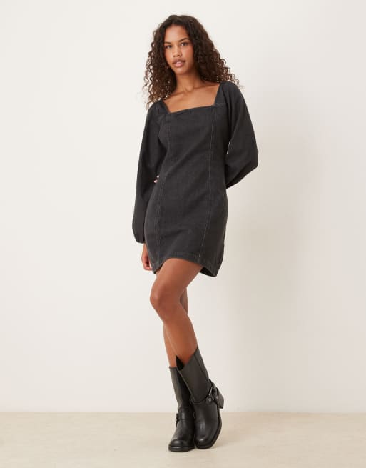 Nobody's Child Porth square neck denim mini dress in black, 2 of 4