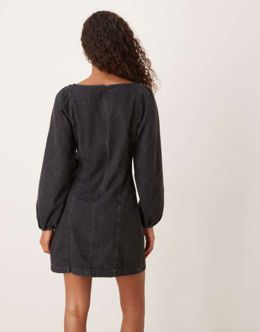 Nobody's Child Porth square neck denim mini dress in black, 3 of 4