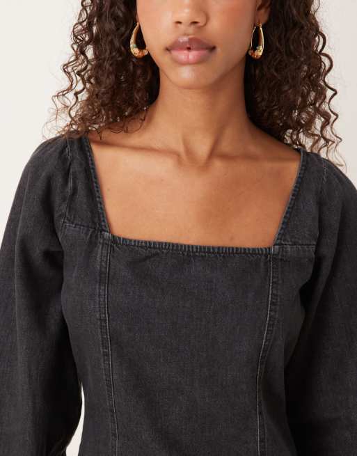 Nobody's Child Porth square neck denim mini dress in black, 4 of 4