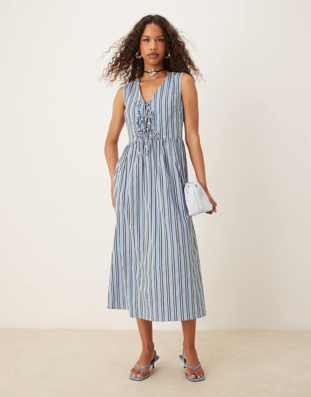 Nobody's Child Posey trapeze tie detail midi dress in blue stripe