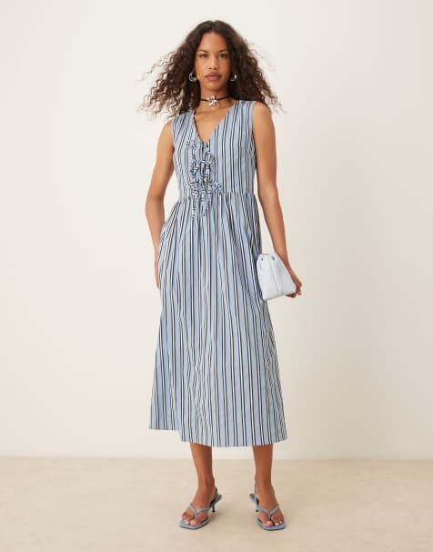 Nobody's Child - Posey - Vestito midi a trapezio blu a righe con laccetti - view 1