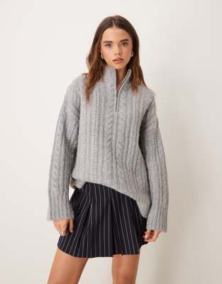 Nobody's Child premium half zip cable knit wool jumper in grey