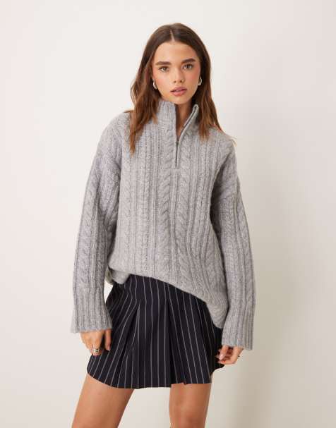 Nobody's Child premium half zip cable knit wool jumper in grey - view 1