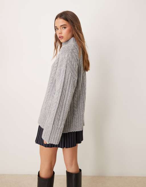 Nobody's Child premium half zip cable knit wool jumper in grey, 2 of 4