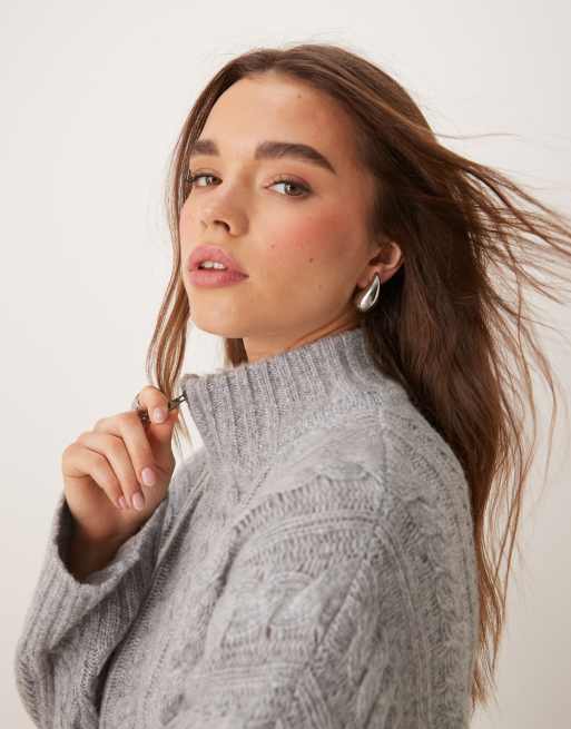 Nobody's Child premium half zip cable knit wool jumper in grey, 4 of 4