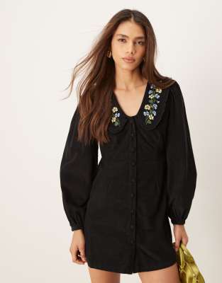 Primrose cord mini dress with embroidered collar in black