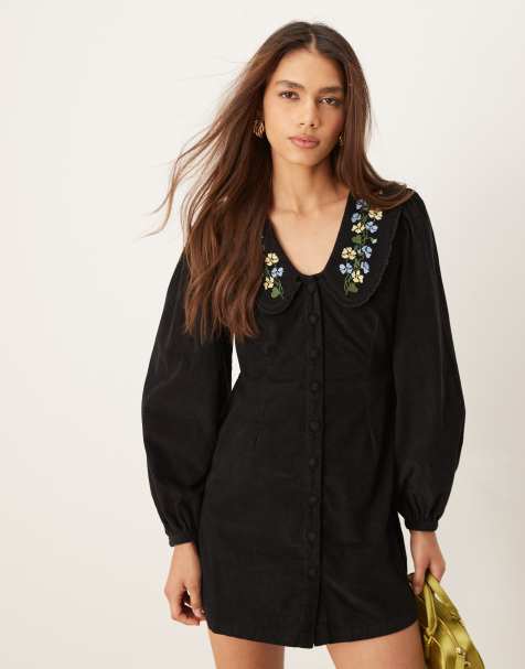 Nobody's Child Primrose cord mini dress with embroidered collar in black - view 1