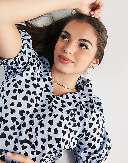 Women Nobody's Child puff sleeve blouse with collar in blue heart print 