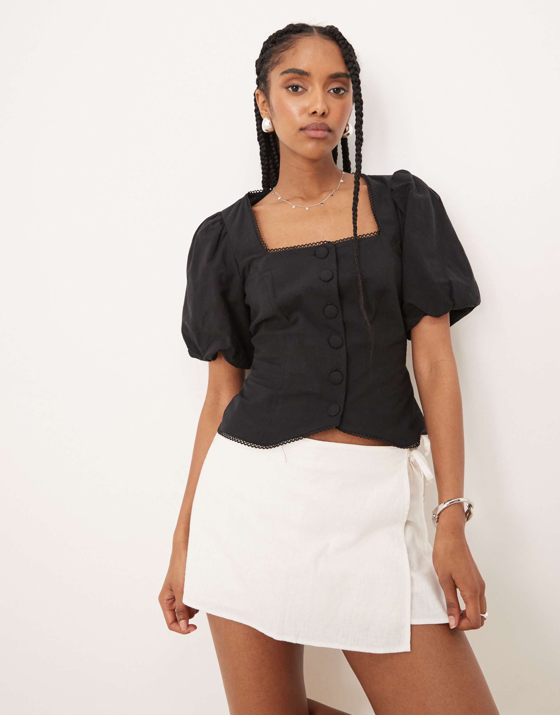 nobody's child puff sleeve button down top in black