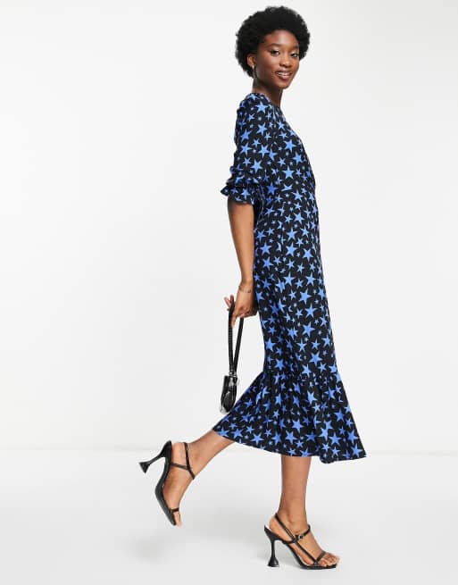 Nobody's Child puff sleeve midi tea dress in blue star | ASOS