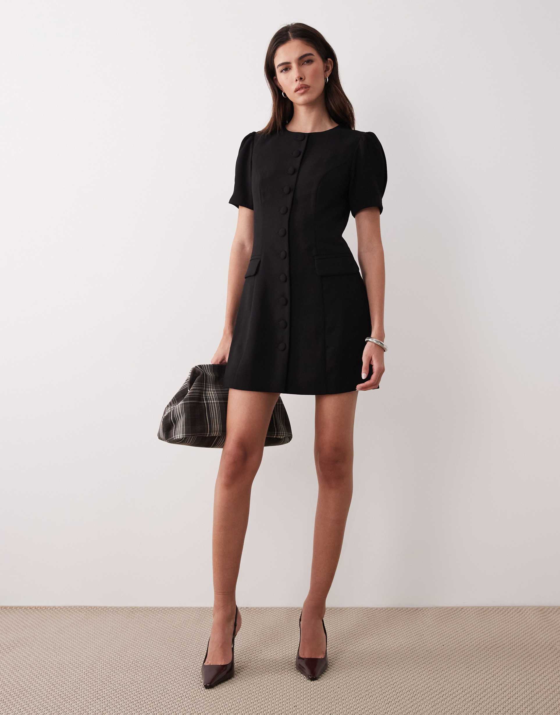 nobody's child puff sleeve tailored mini dress in black