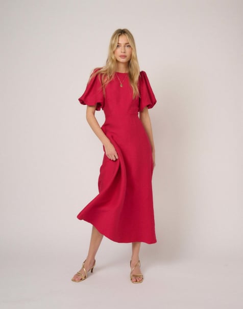 Nobody's Child Puff sleeve zola midi dress in pink