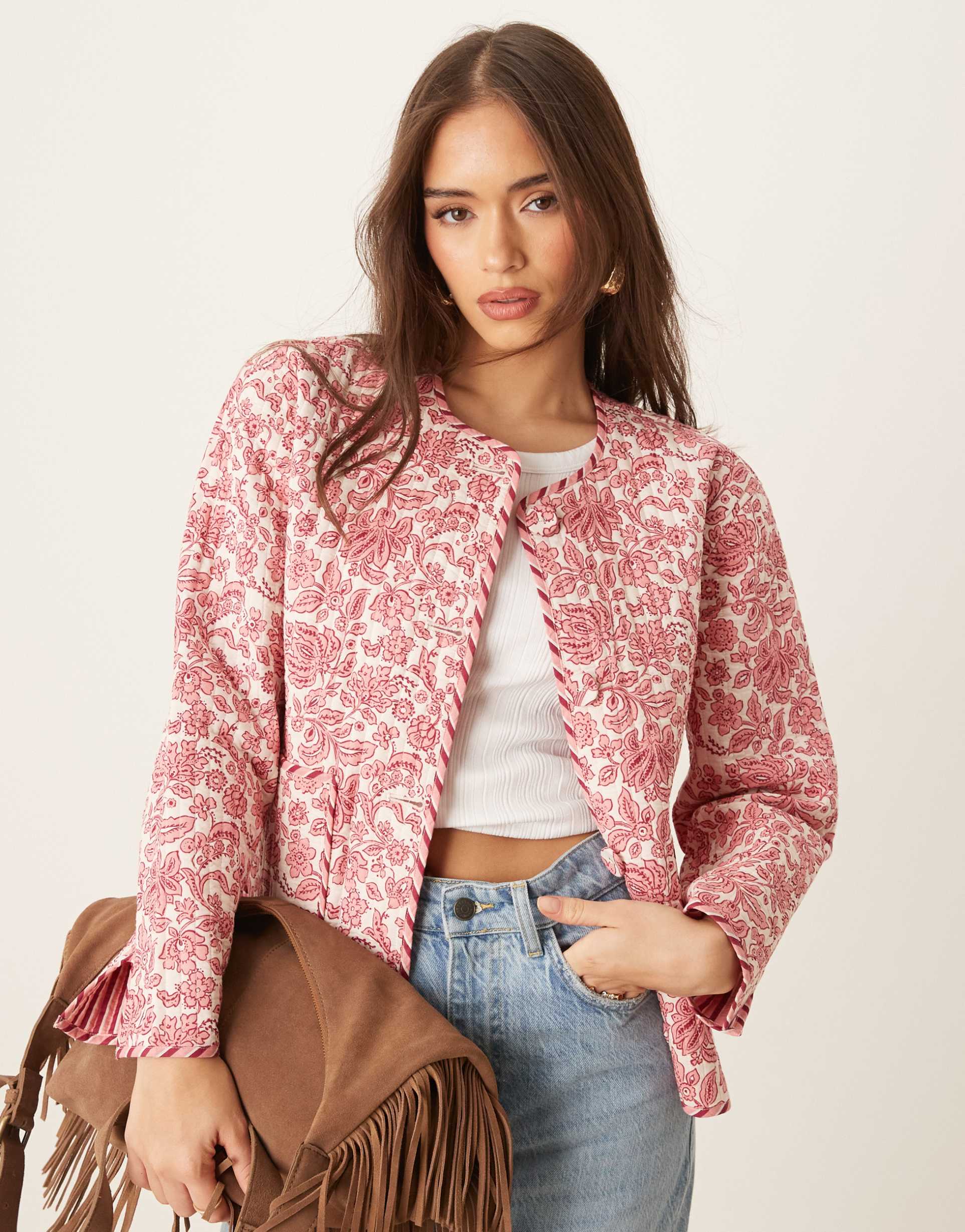 nobody's child quilted reversible jacket in pink and yellow print