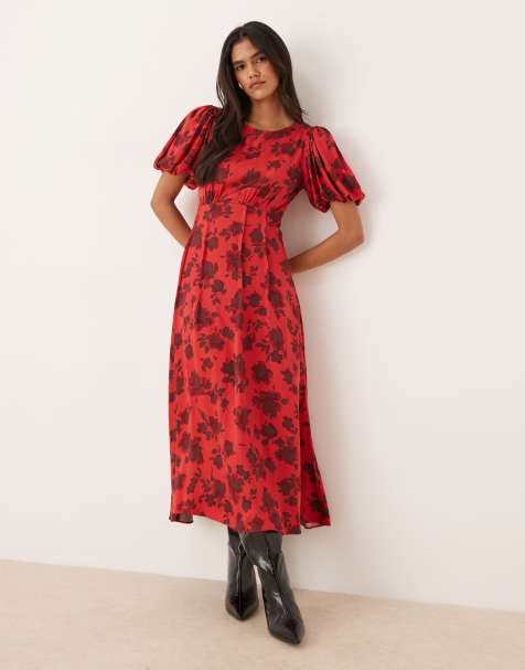 Nobody's Child – Quinn – Midikleid in Rot mit Puffärmeln und Blumenmuster - view 1