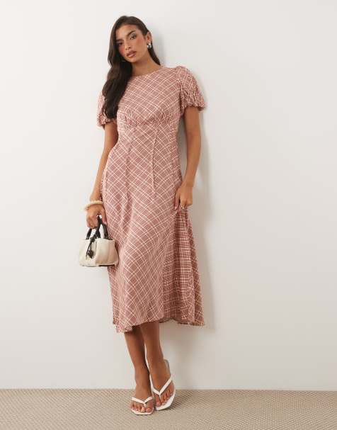 Nobody's Child Quinn satin puff sleeve midi tea dress in red check - view 1