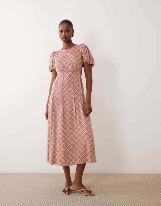 Nobody's Child Quinn satin puff sleeve midi tea dress in red check