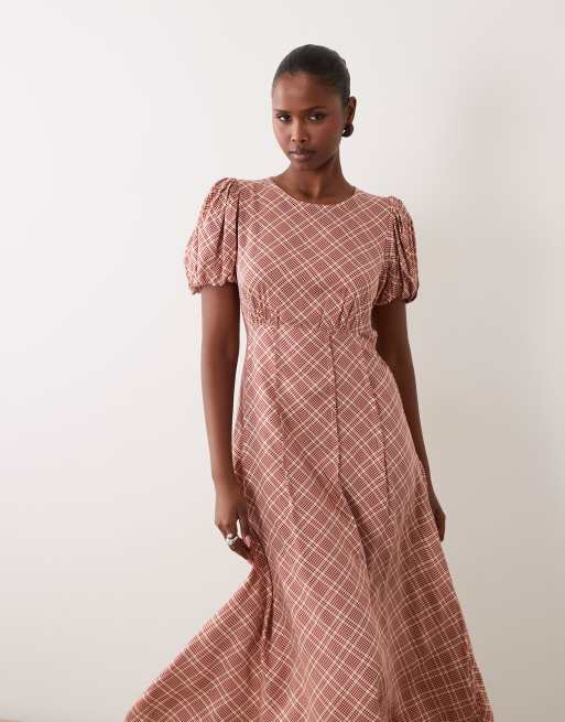 Nobody's Child Quinn satin puff sleeve midi tea dress in red check, 4 of 4