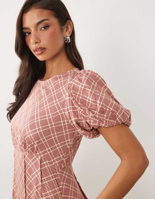 Nobody's Child Quinn satin puff sleeve midi tea dress in red plaid