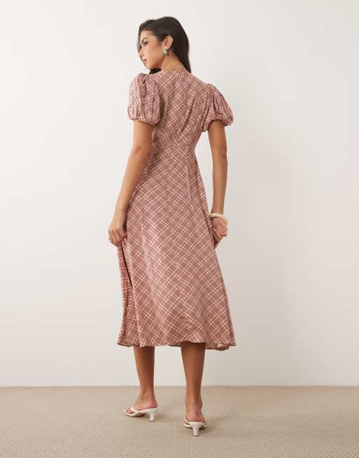 Nobody's Child Quinn satin puff sleeve midi tea dress in red plaid