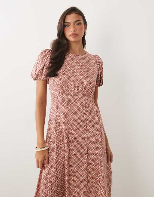 misha and puff Pinecone Dress 4y ワンピース Nobody's Child Quinn satin puff sleeve midi tea dress in red plaid