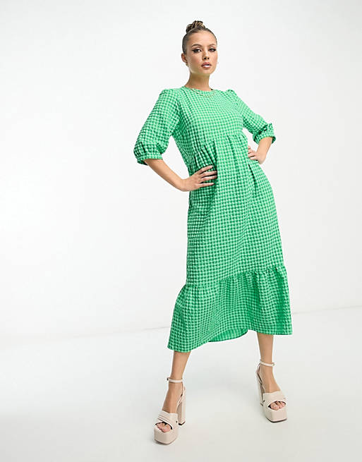 Nobody's Child Rachel puff sleeve midi dress in green plaid print | ASOS