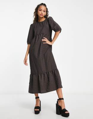 Nobody's Child Rachel Puff Sleeve Smock Midi Dress In Brown Check