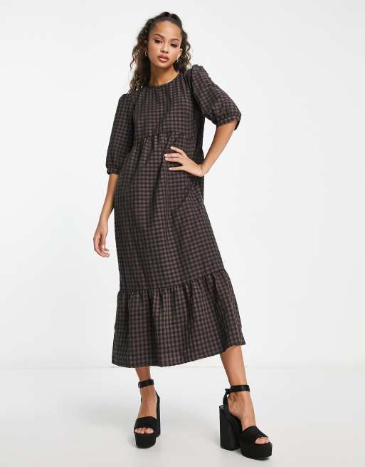 Nobody's Child Rachel puff sleeve smock midi dress in brown check | ASOS