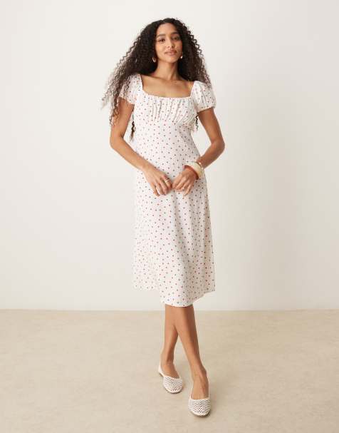 Nobody's Child Raven puff sleeve midi dress in white and red polka dot - view 1