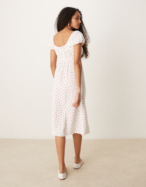 Nobody's Child Raven puff sleeve midi dress in white and red polka