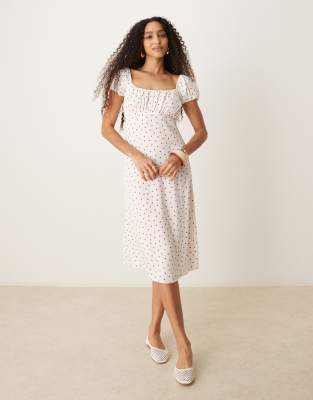 Raven - Robe à pois mi-longue avec manches bouffantes - Blanc/rouge 38