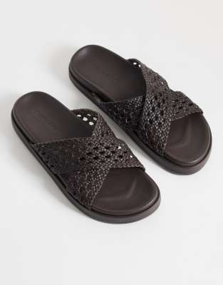  real leather woven cross strap slider in chocolate