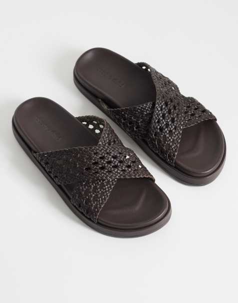 Nobody's Child real leather woven cross strap slider in chocolate - view 1