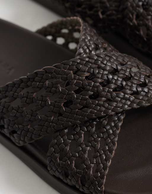 Nobody's Child real leather woven cross strap slider in chocolate, 2 of 4