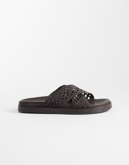 Nobody's Child real leather woven cross strap slider in chocolate, 3 of 4